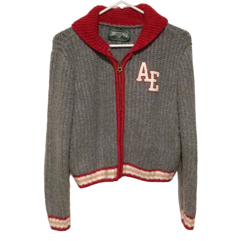American Eagle Gray Red Knit Cardigan Sweater Zip Front Women’s XS